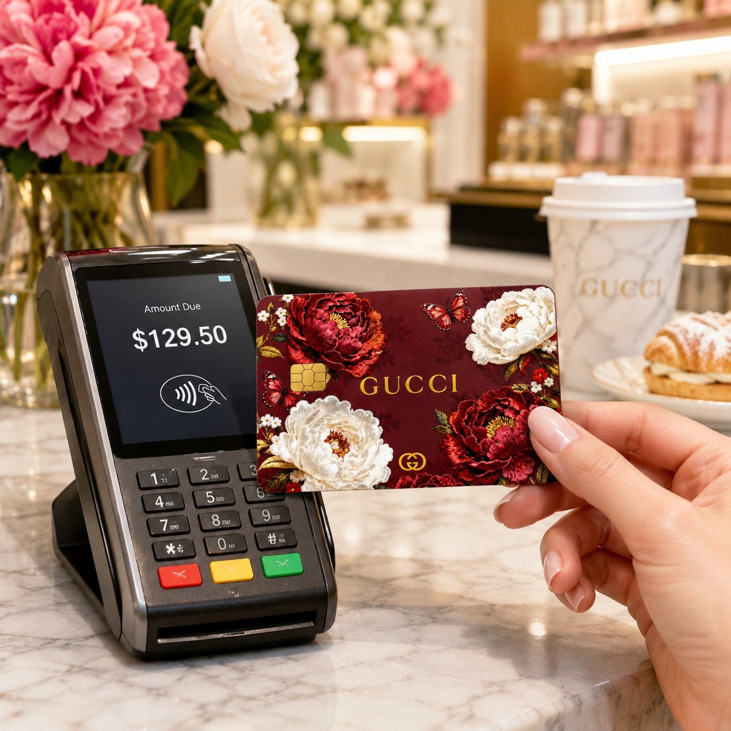 Embroidered Burgundy Peony Butterfly Luxury Designer Debit Card Credit Card Skin