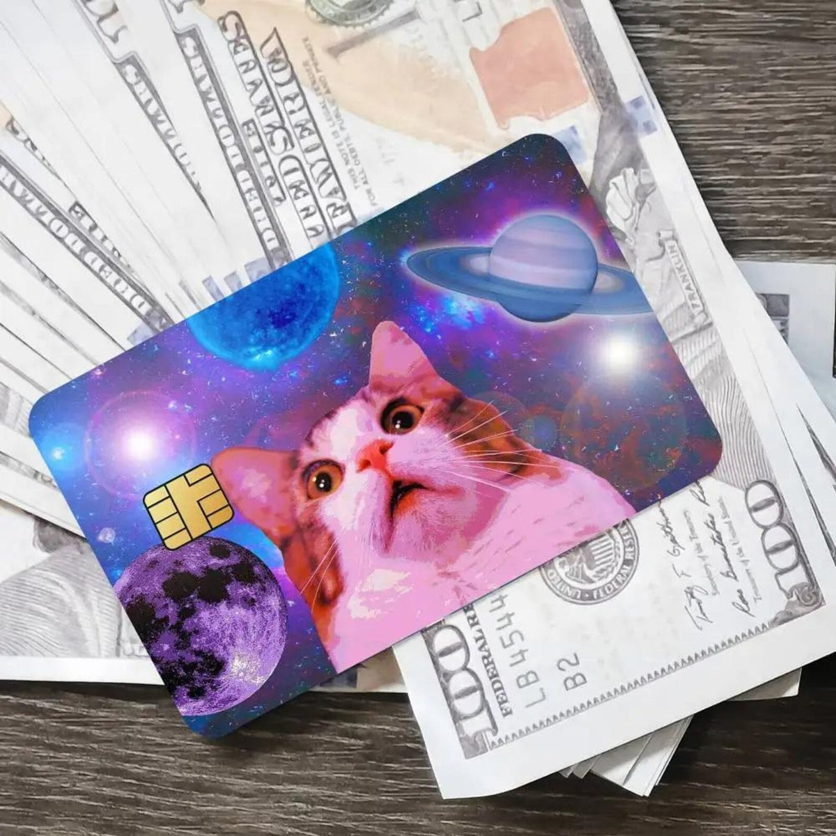 Funny Wide-Eyed Galaxy Cat Meme Credit Card Skin