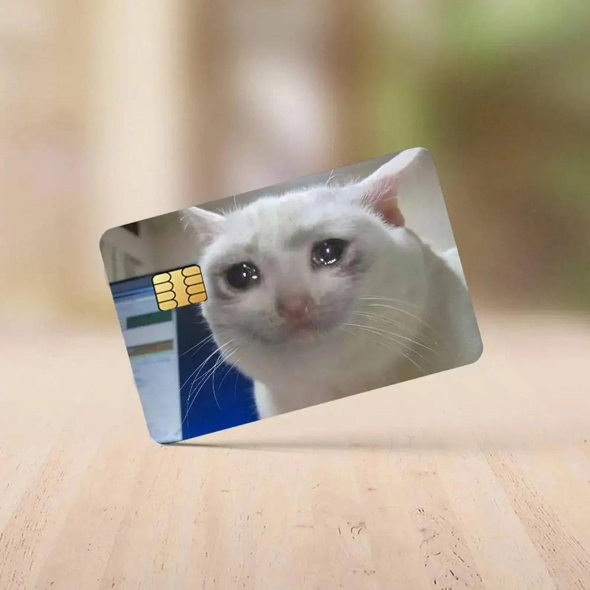 Funny Crying White Cat Reaction Meme Credit Card Skin