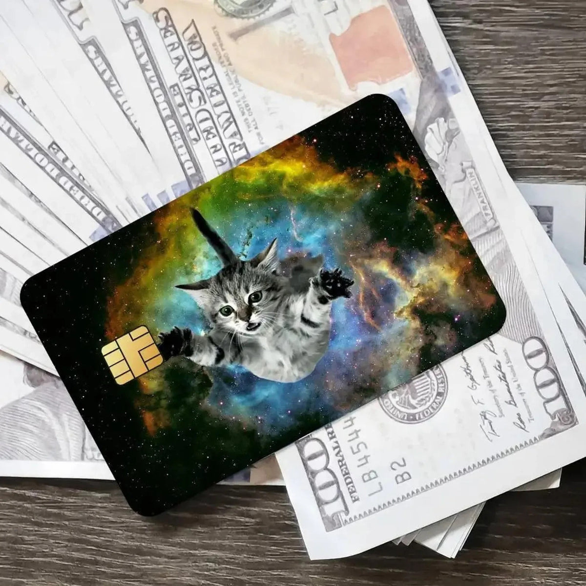 Funny Flying Space Cat Galaxy Meme Credit Card Skin