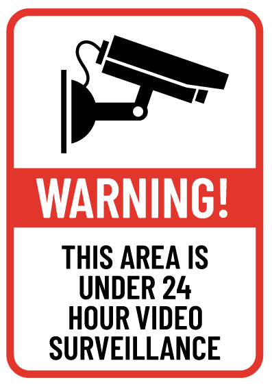 A vinyl sticker decal with a graphic of a CCTV camera and text that warns 'This area is under 24-hour video surveillance.'