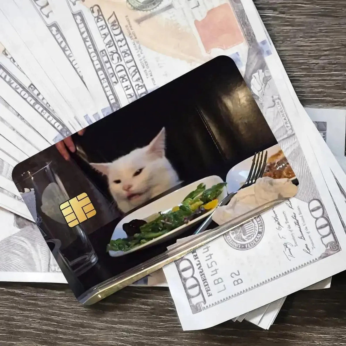 Funny Smudge Cat at Dinner Table Meme Credit Card Skin