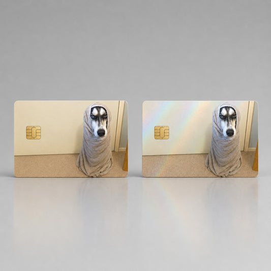 Funny Towel-Wrapped Grumpy Siberian Husky Credit Card Skin