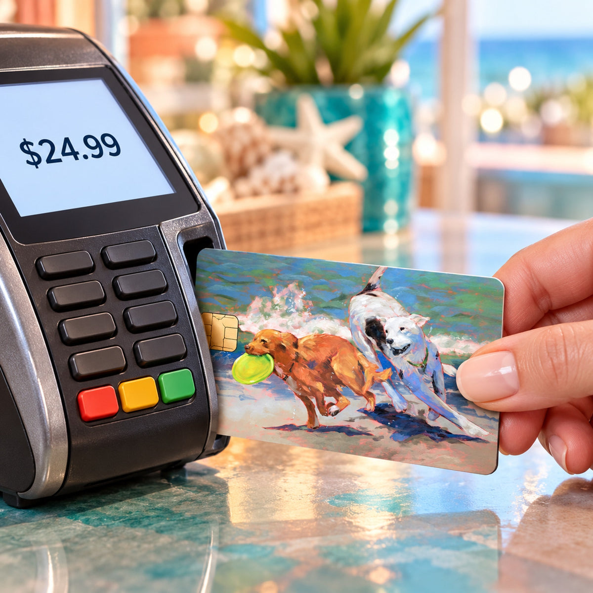 Beach Dogs Chasing Frisbee Debit Card Credit Card Skin