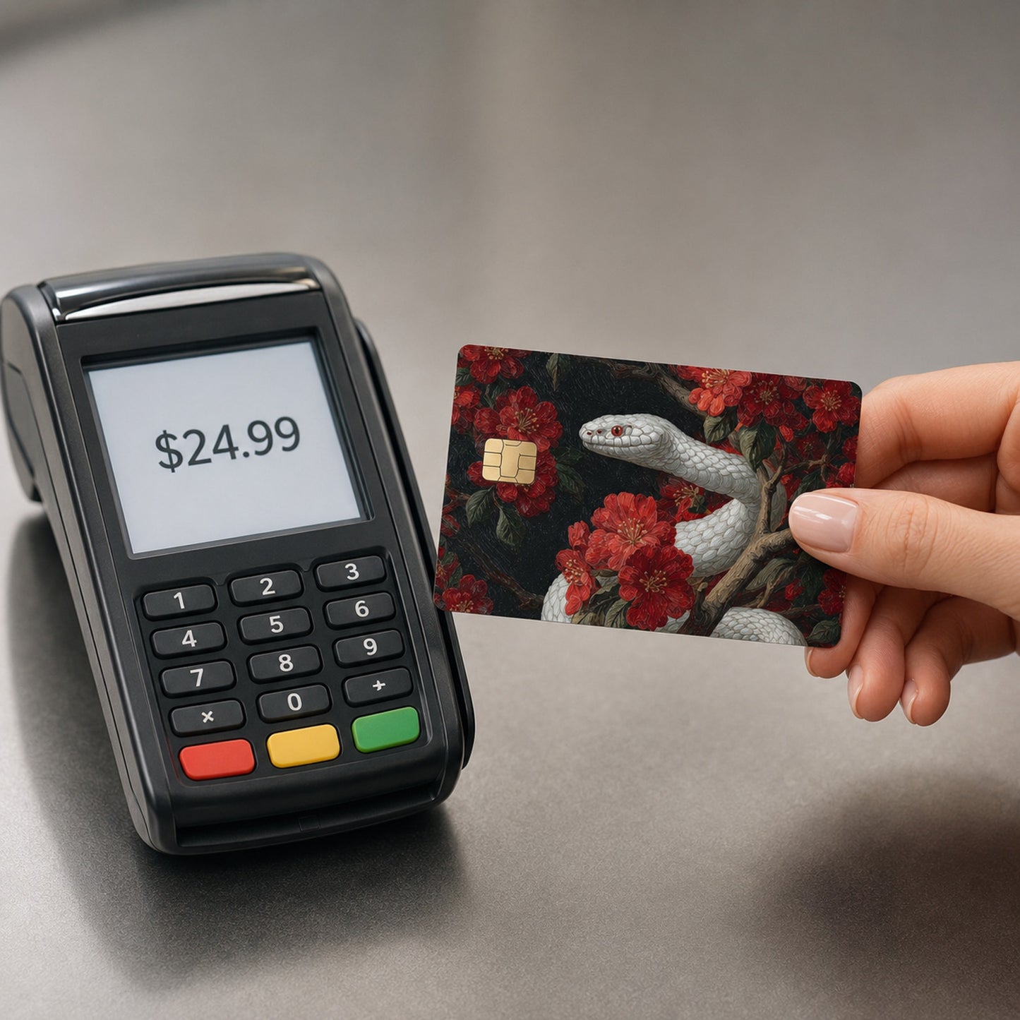 White Serpent and Red Camellias Luxury Design Debit Card Credit Card Skin