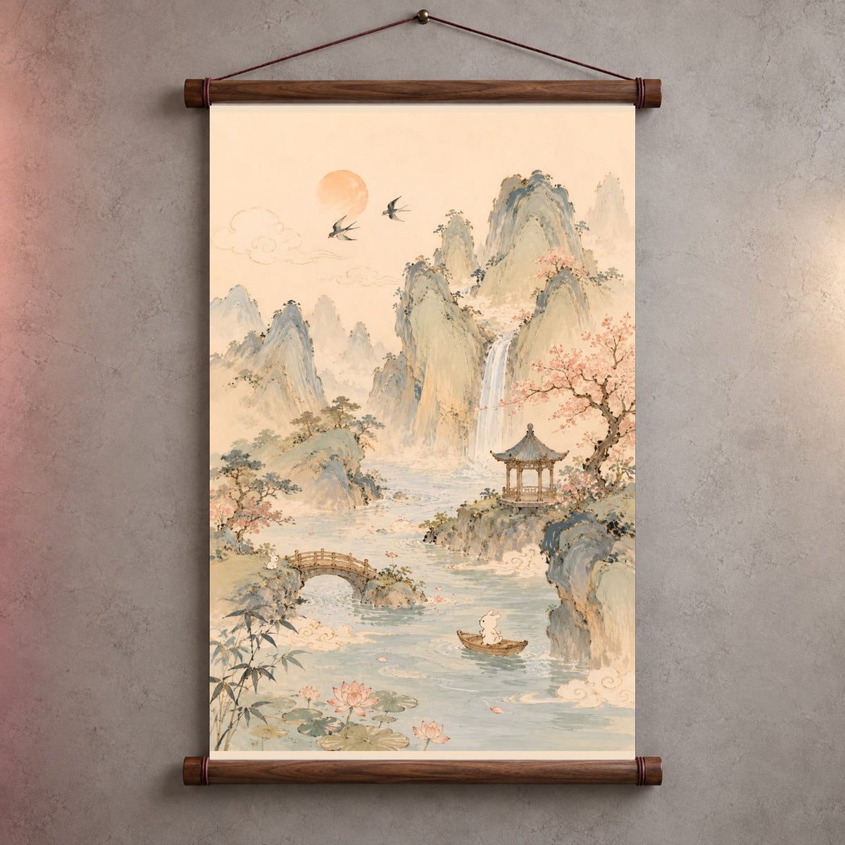 Moonlit Blossom Landscape Asian Bunny Garden Wall Scroll Room Home Decor