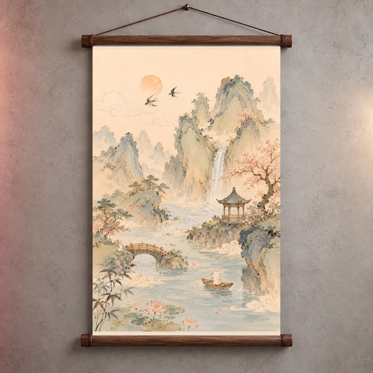 Asian Bunny Garden Wall Scroll | Moonlit Blossom Art
