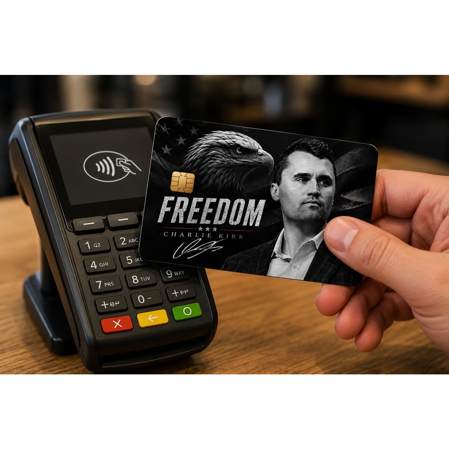 Credit Card Skin Charlie Kirk Freedom Vinyl Sticker Grayscale