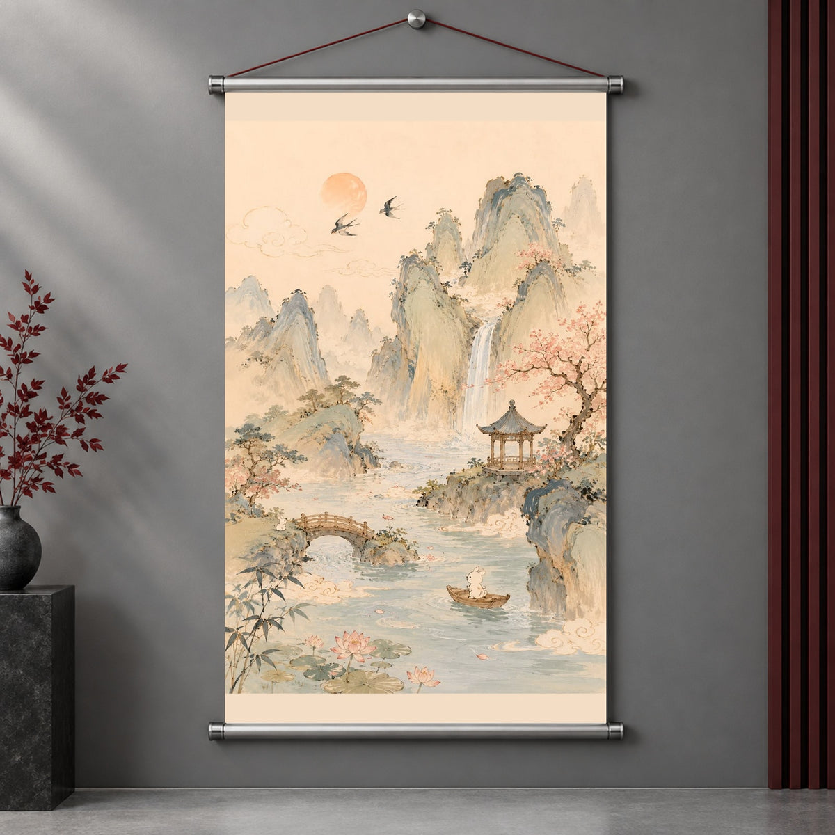Moonlit Blossom Landscape Asian Bunny Garden Wall Scroll Room Home Decor