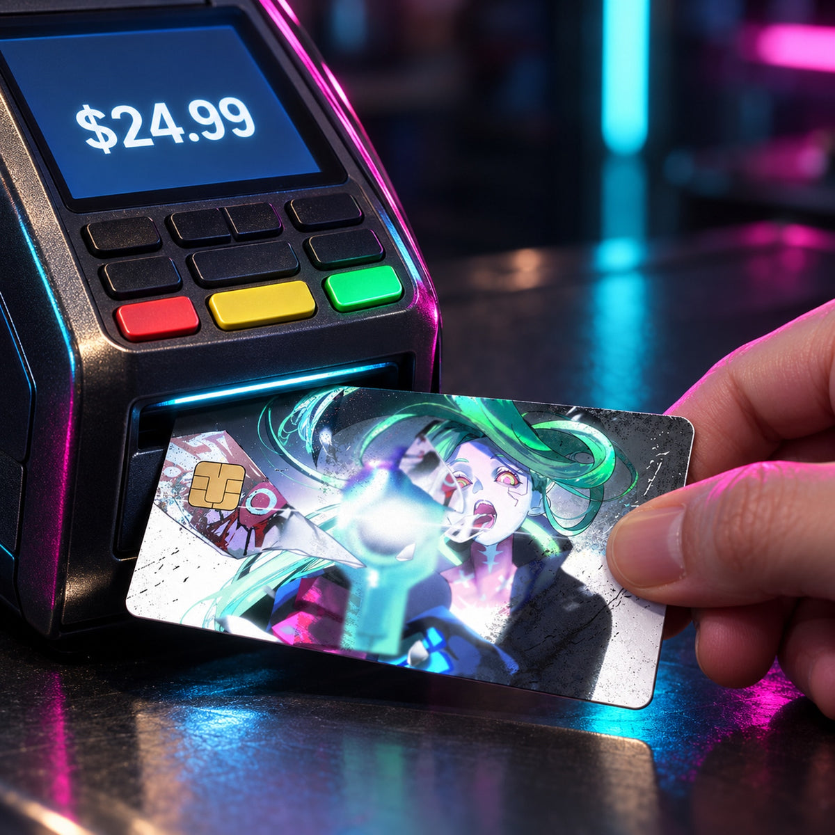 Neon Defiant Rebel Anime Futuristic Action CyberPunk Debit Card Credit Card Skin