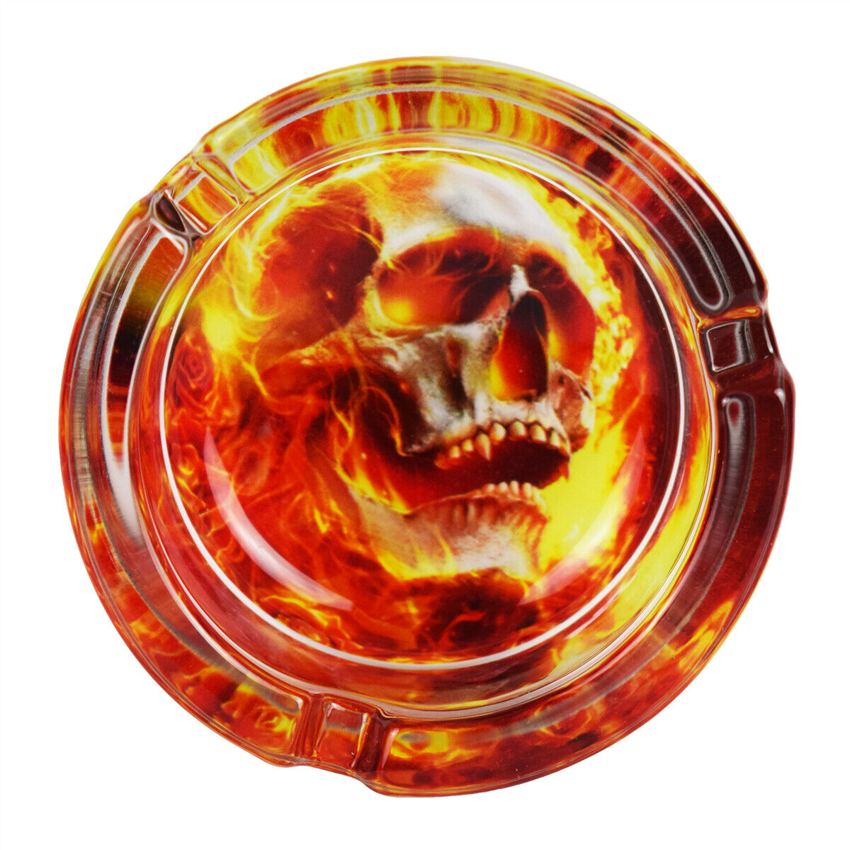 Glass FLAMING SKULL ASHTRAY - 3.3" Wide Novelty Gift - DECALS OF AMERICA